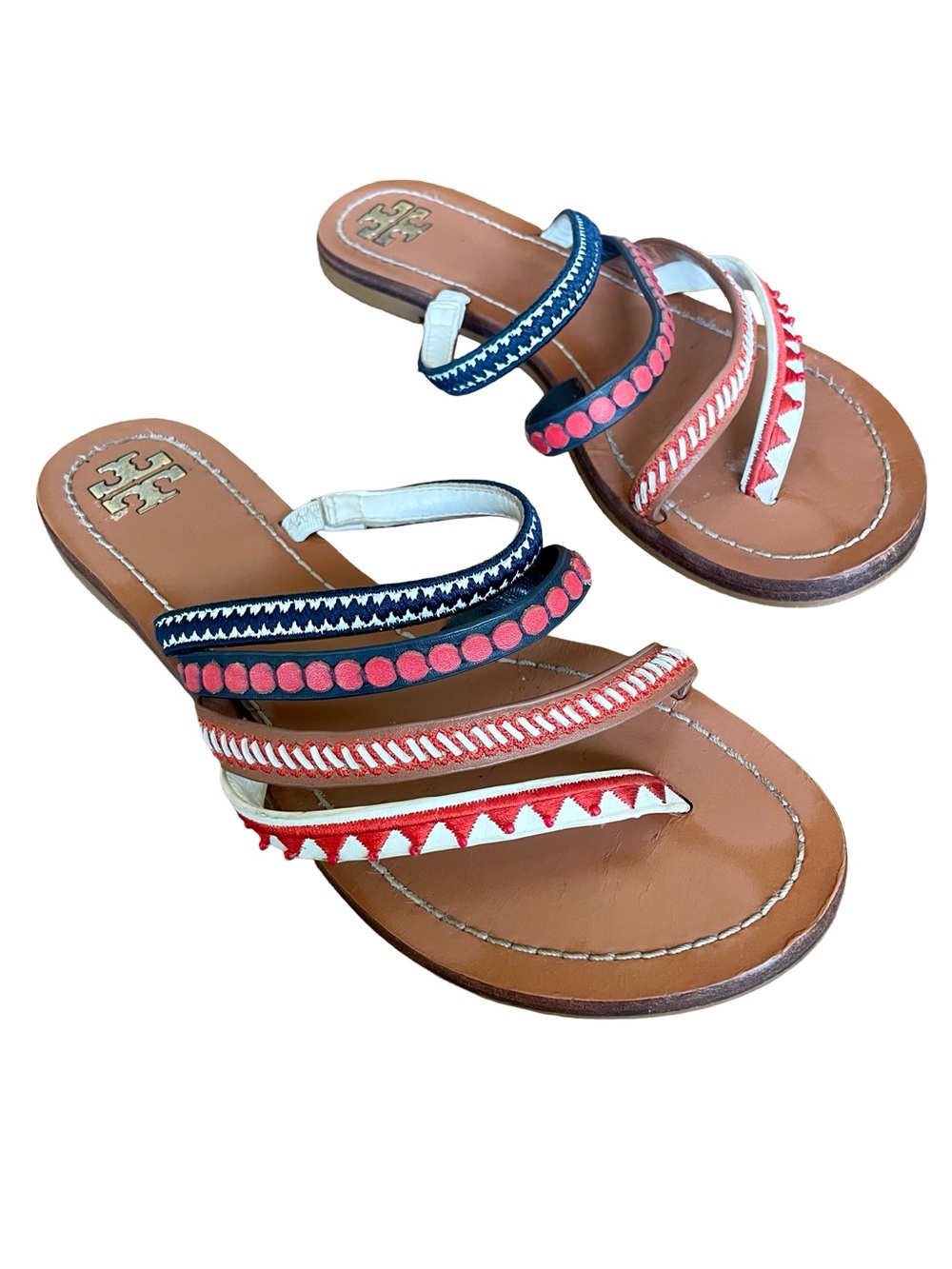Tory Burch Patos Embroidered Leather Resort Sandals Approx 7 - Picture 2 of 9